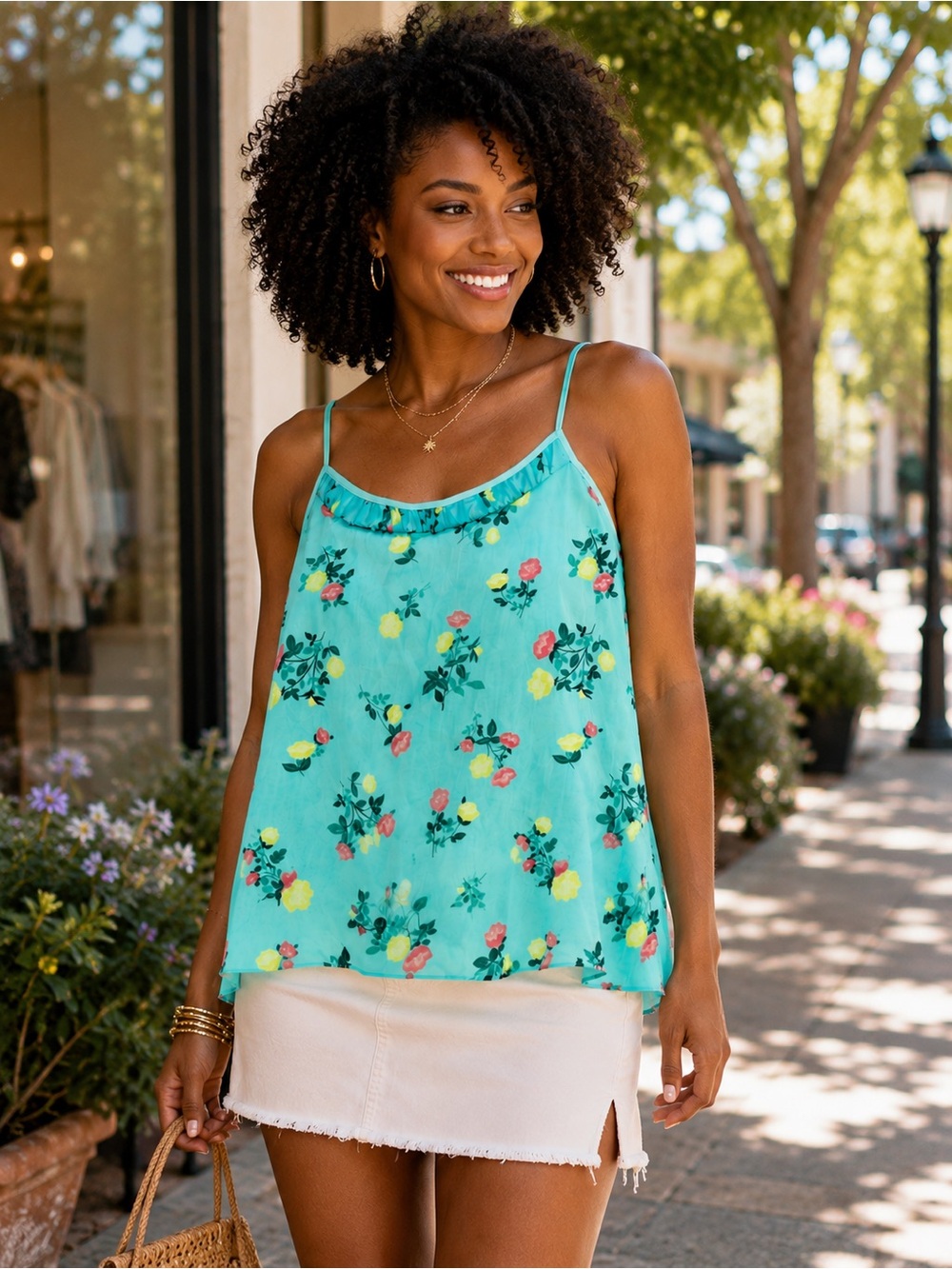 1. STATE Floral Print Aqua Ruffled Accent Blouse Camisole Top - NWT